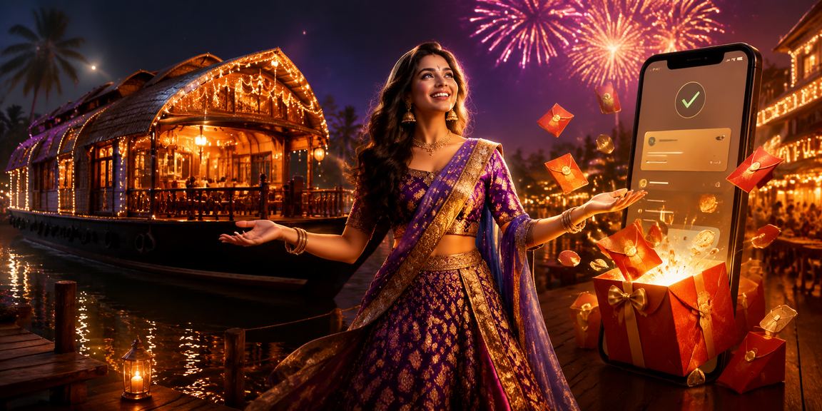 Indian woman enjoying mobile casino in Kerala backwaters