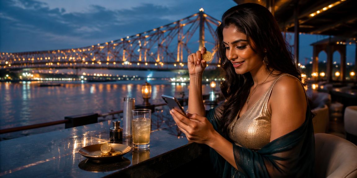 Night view of Kolkata Howrah Bridge with casino mobile theme